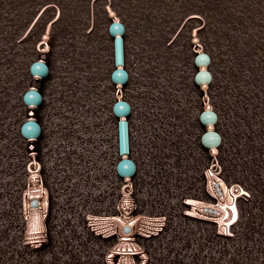 Hand Designed Earrings set of 3. Vintage Glass Beads and Metal Charms